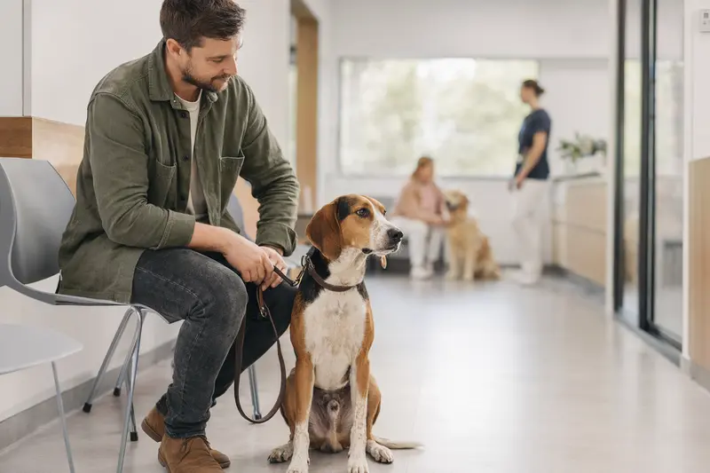 Ein Finsk Stövare sitzt ruhig neben seinem Besitzer im hellen Wartezimmer einer modernen Tierarztpraxis.